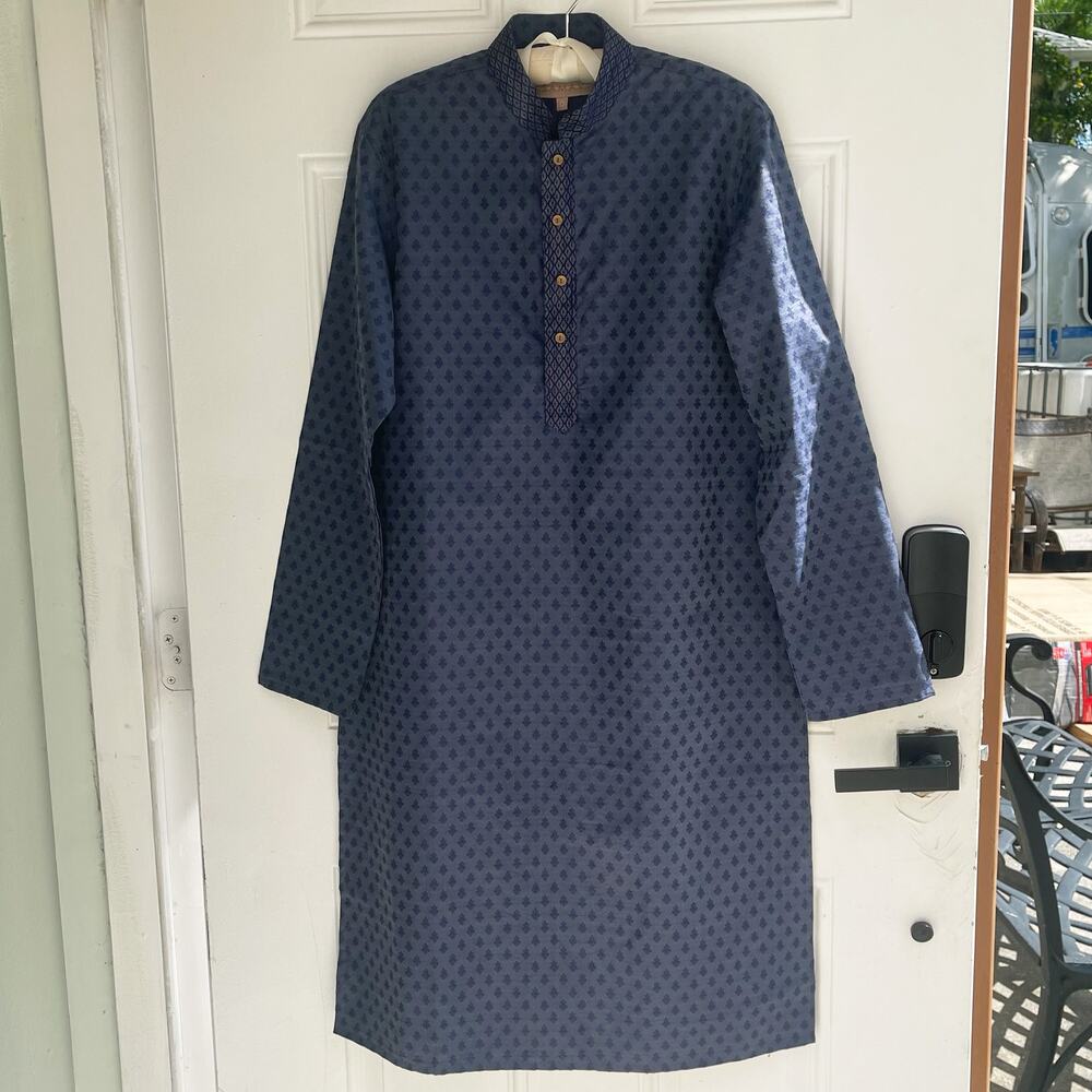 Samav Mens Navy Jacquard Kurta Tunic Shirt Size M NWT Ethnic Traditional India